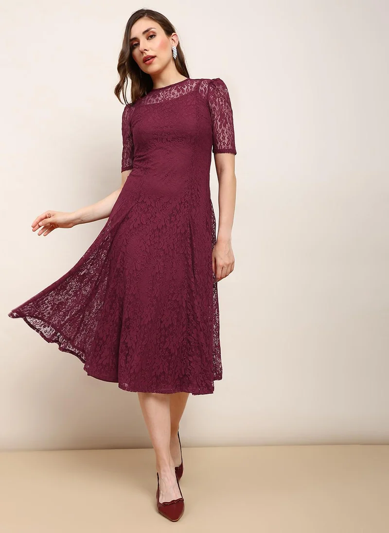 جلو باص Globus Women Red Round Neck Puff Sleeves Flared Hem Panelled Floral Lace A-Line Midi Party Dress